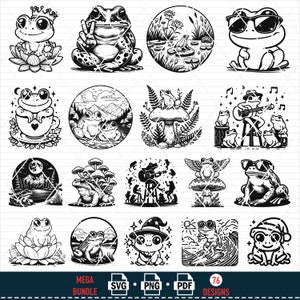 Puede incluir: Un conjunto de 76 ilustraciones digitales en blanco y negro que representan ranas en varias poses y entornos. Las ilustraciones incluyen ranas con gafas de sol, tocando m&uacute;sica, sentadas en hongos, y mucho m&aacute;s.