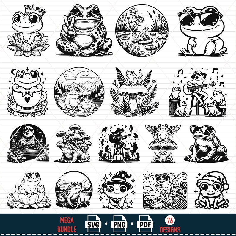 Puede incluir: Un conjunto de 76 ilustraciones digitales en blanco y negro que representan ranas en varias poses y entornos. Las ilustraciones incluyen ranas con gafas de sol, tocando m&uacute;sica, sentadas en hongos, y mucho m&aacute;s.