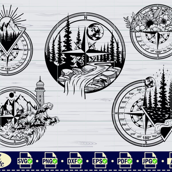 Compass SVG,#1, Compass Tattoo, Compass Landscape with Mountain Clipart, Compass Files for Cricut, Cut Files For Silhouette, Dxf, Png,Vector