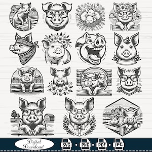 Pig SVG file, Pig with Flower Crown SVG, Pig cut file, clipart, Floral Crown, Pig with Flowers on Head,Cute Pig svg, Farm Animals, Barn, PNG