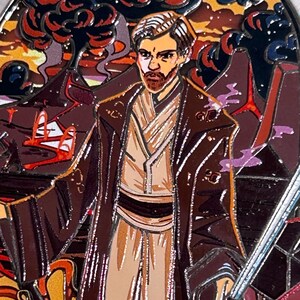 May include: A detailed illustration of a Jedi Knight in a brown robe, holding a lightsaber. The background features a fiery landscape with volcanic mountains and smoke.