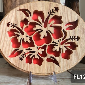 SCROLL SAW PLAQUE with acrylic stand. Flower. Red Oak. Wood art. Wall decor. Window art. Desk item.