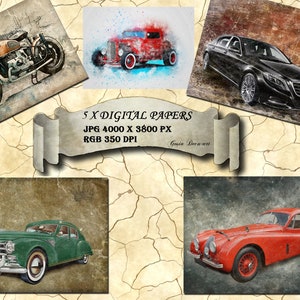 May include: Digital art prints featuring vintage vehicles: a motorcycle, a red hot rod, a black Mercedes, a green classic car, and a red Jaguar. The image includes the text "5 X DIGITAL PAPERS" and technical specifications.