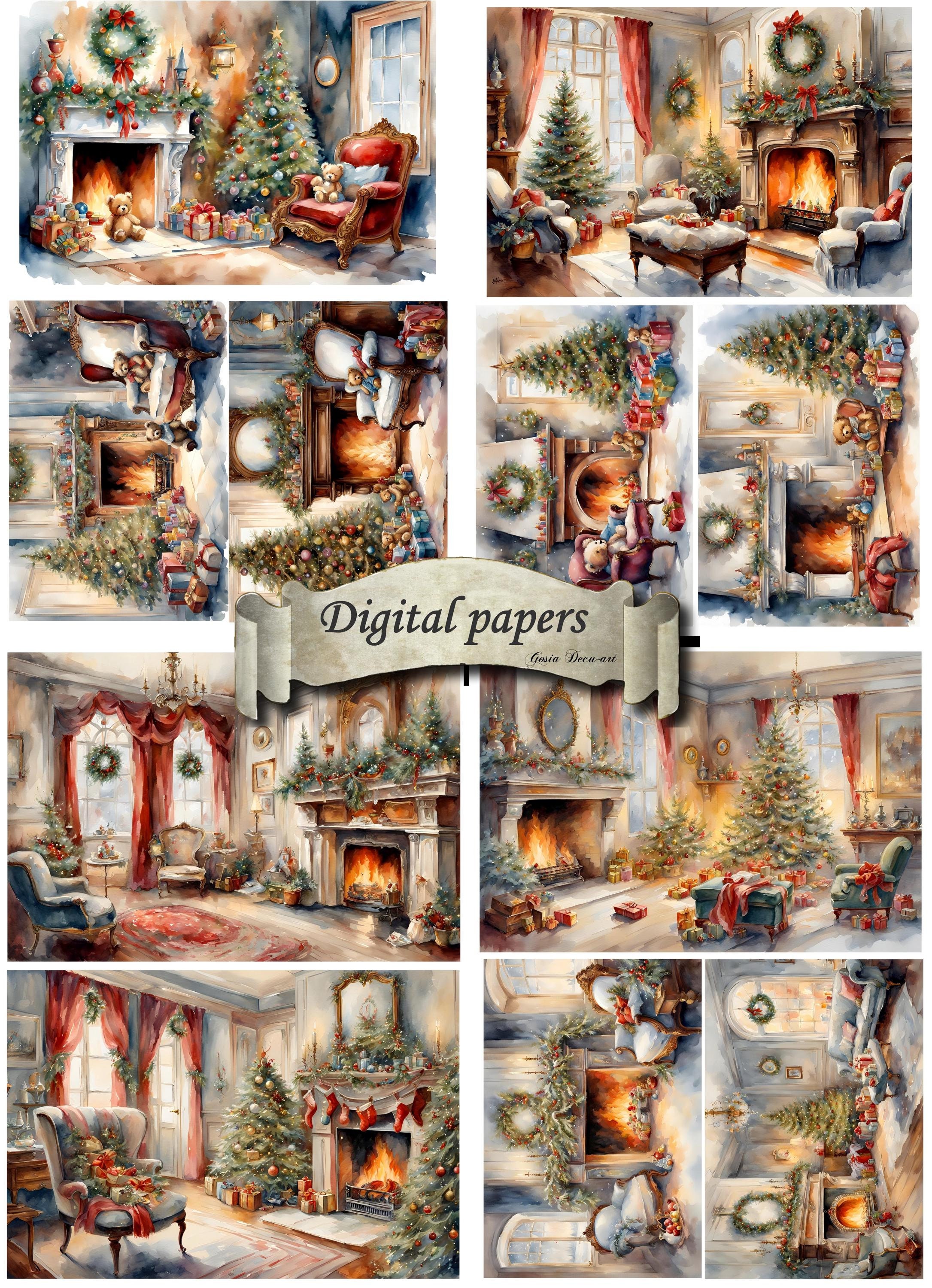 Set of 4 Retro Digital Papers, Wonderful, Picturesque, Christmas Magic ...