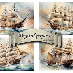 Conjunto de 4 papéis digitais, lindos veleiros
