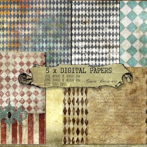 May include: Five digital paper designs featuring a harlequin pattern in various colors, including red, blue, green, and brown. The papers are 4000 x 2900 pixels and 3000 x 4000 pixels, with a resolution of 350 DPI. The text "5 x DIGITAL PAPERS" and "Gosia Decu-art" is included in the image.