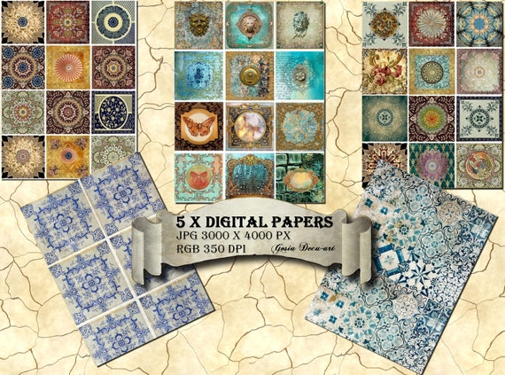 Set of 5 Digital Papers, Patterns, Azulejos, Turquoise