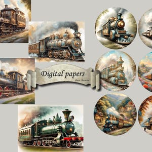 Un ensemble enchanté de 5 papiers numériques, merveilleux vieux trains, chemins de fer, vintage