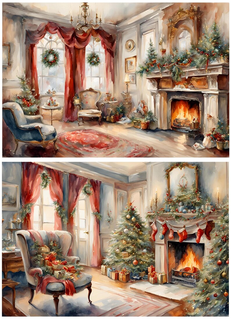 Set of 4 Retro Digital Papers, Wonderful, Picturesque, Christmas Magic ...
