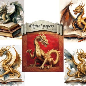 Set van 5 digitale papieren, prachtige draken, vintage, boeken