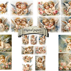 Set van 5 digitale papieren met 20 afbeeldingen van prachtige engelen, cupido's, vintage,