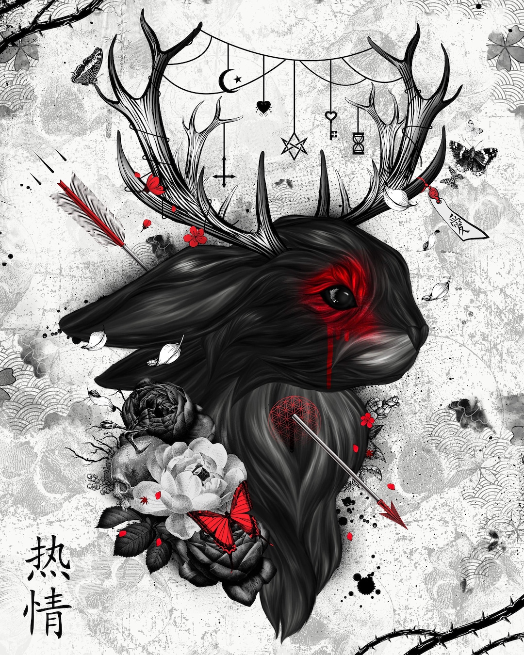 Woven Fate | Jackalope | Gothic Bunny Print | Wildlife | Mythical ...