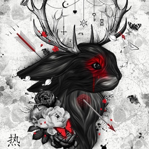 Woven Fate | Jackalope | Gothic Bunny Print | Wildlife | Mythical Creatures | Van Goth x Keeper Of Kitsune | Macabre