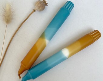 Hand Dipped Dinner Candles, Caramel Hawaiian Blue, Set of 2