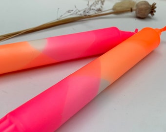 Neon pink and neon orange dip dyed dinner candles (set of 2), pair of hand dipped colourful candles, brightly coloured candle decoration