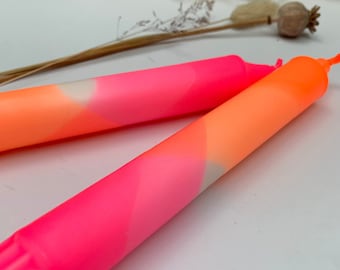 Neon Pink and Neon Orange Dip Dyed Dinner Candles, Set of 2