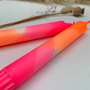 Neon pink and neon orange dip dyed dinner candles (set of 2), pair of hand dipped colourful candles, brightly coloured candle decoration