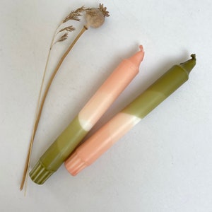 Blush pink and olive green dip dyed dinner candles (set of 2), pair of hand dipped colourful candles, stylish home accessory