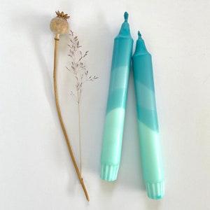 Hawaiian blue and turquoise swirl dip dyed dinner candles (set of 2), pair of hand dipped colourful candles, stylish home accessory
