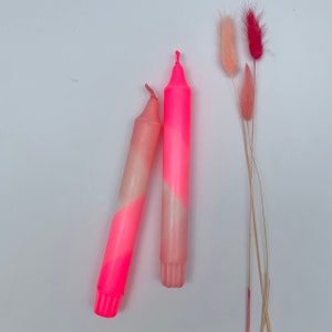 Neon pink and sherbert pink dip dyed dinner candles (set of 2), pair of hand dipped colourful candles, stylish neon home accessory