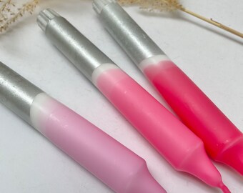 Hand Dipped Rosy Pink Dinner Candles, Silver Accent (Set of 3)