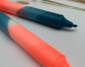 Hand Dipped Dinner Candles, Neon Coral and Teal, Set of 2