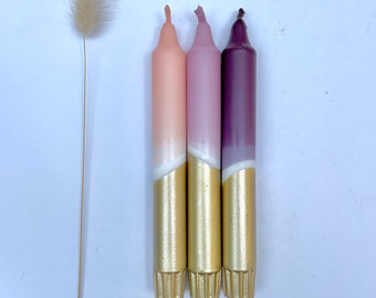 Dip Dyed Dinner Candles, Aubergine, Pink & Gold, Set of 3