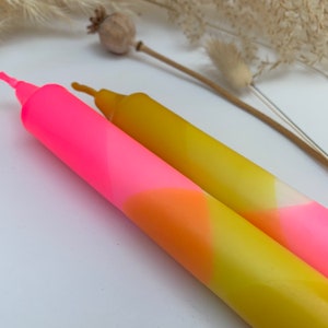 Neon pink and mustard yellow dip dyed dinner candles (set of 2), pair of hand dipped colourful candles, brightly coloured candle decoration