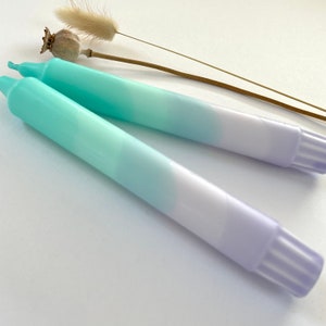 Turquoise and lavender swirl dip dyed dinner candles (set of 2), pair of hand dipped colourful candles, stylish home accessory