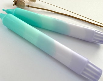 Turquoise Lavender Swirl Dinner Candles, Hand Dipped, Set of 2