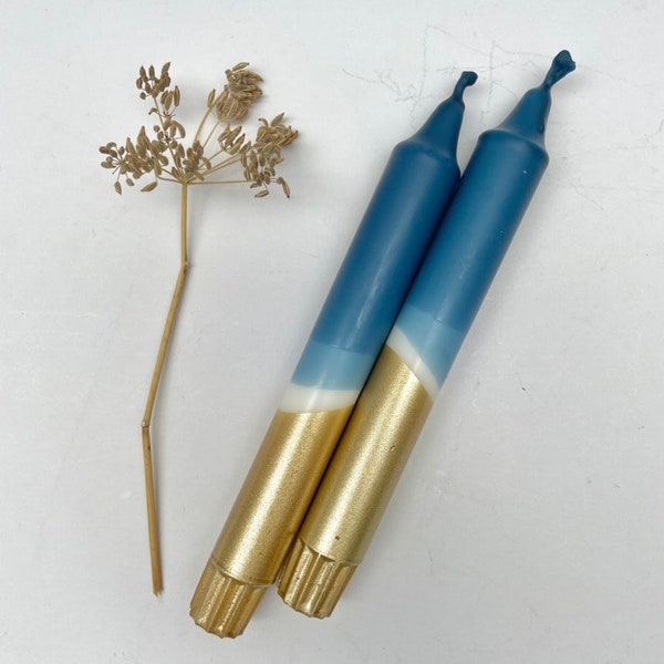 Bougies de dîner teintées bleu sarcelle et or (ensemble de 2), bougies colorées trempées à la main, accessoire de maison élégant