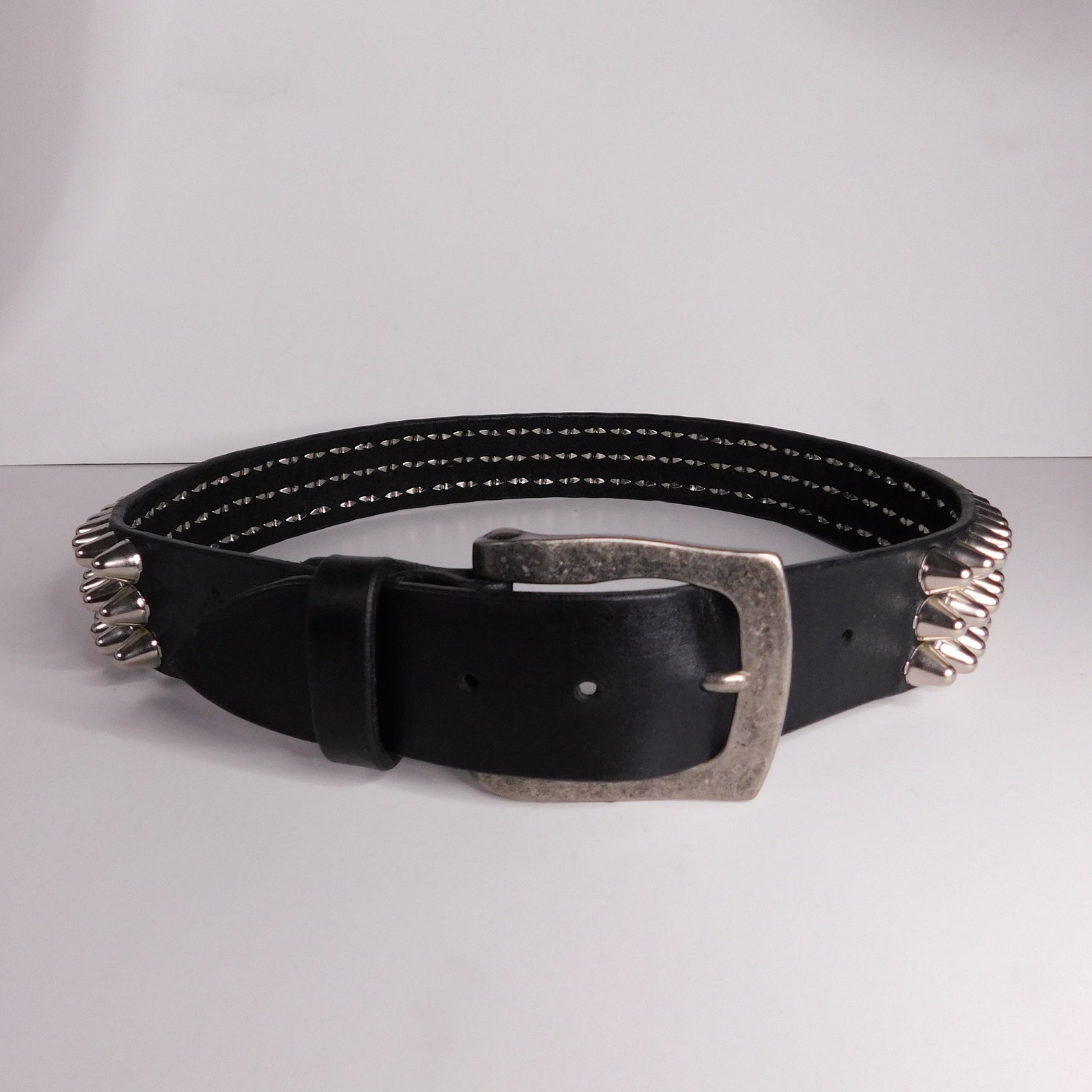 Three row cone studded leather belt | Etsy
