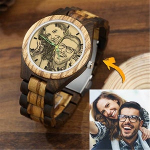 Custom Engraved Men's Wooden Photo Watch, Mens Wooden Watch, Gift for Him, Wood Watches for Husband, personalize watch, Boyfriend Gift zdjęcie 1
