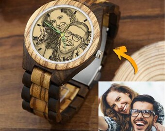 Custom Engraved Men's Wooden Photo Watch, Men’s Wooden Watch, Gift for Him, Wood Watches for Husband, personalize watch, Boyfriend Gift