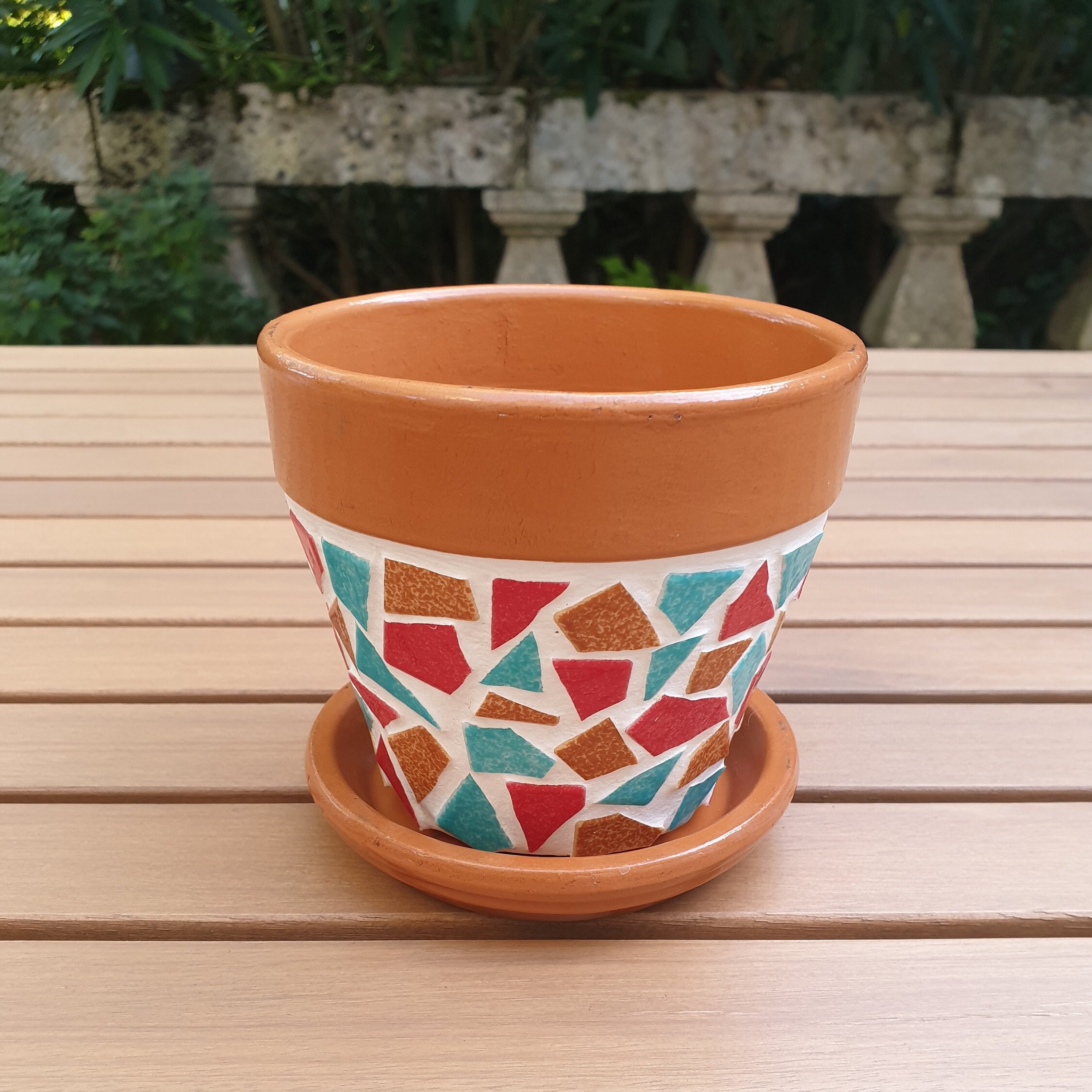 Pot en Mosaïque Turquoise, Rouge et Marron