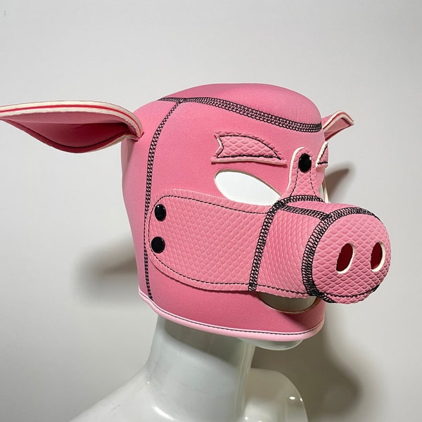 pink Leather pig mask, piglet mask, pet play hood, Neoprene Mask