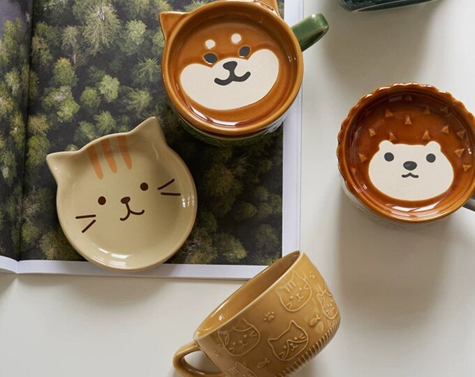 Ensemble de tasses animal fantaisistes avec couvercle Adorable ensemble de tasses animal japonais Tasse en céramique avec soucoupe Cadeau parfait pour enfants et adolescents Mug sur le thème des animaux