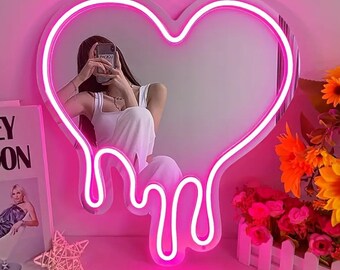 Dripping Heart Neon Sign with Mirror - Funky Bedroom Lighting  Unique LED Sign Heart-Shaped Neon Mirror - Contemporary Wall Decor Accent
