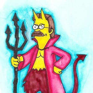 Peut inclure: Un diable de dessin animé jaune avec une robe rouge, des cornes et une queue. Il tient un trident noir et a une expression sérieuse sur son visage.
