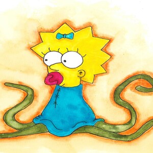 May include: A cartoon illustration of a yellow-haired baby with a blue bow, wearing a blue shirt and a pink dummy, with green snake-like legs.