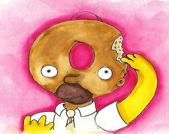 Homer Simpson Donut watercolor print. 5 inch by 7 inch