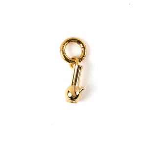 Op de afbeelding: Gouden hanger in de vorm van een bong, met een ronde basis en een lange, dunne nek. De hanger heeft een kleine lus aan de bovenkant om aan een armband of ketting te bevestigen.