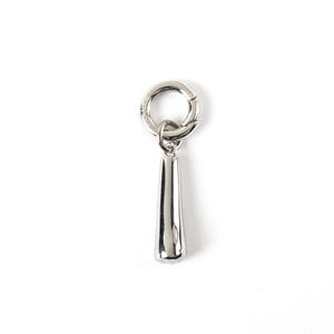 May include: A silver charm with a long, pointed, cone-shaped pendant attached to a silver ring with a clasp.