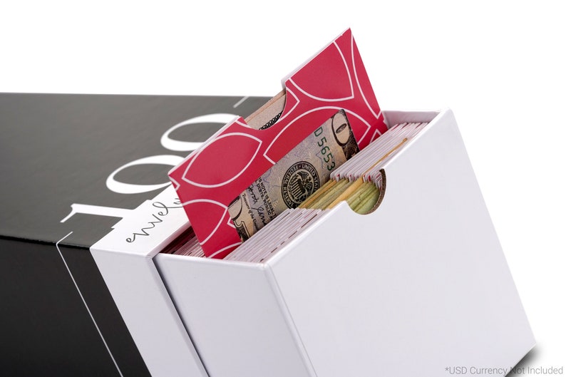Puede incluir: Una caja blanca con un sobre de patr&oacute;n rojo y blanco que sobresale. La caja est&aacute; etiquetada "100 sobres". Un billete de d&oacute;lar es visible dentro del sobre.