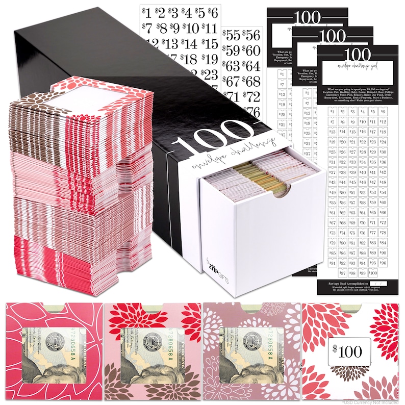 Puede incluir: Un juego de 100 sobres con un desaf&iacute;o de dinero. Los sobres son de color rosa y blanco con un patr&oacute;n floral. La caja es de color negro y blanco con el texto "100 envelope challenge".