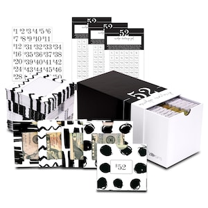 ZipGifts 52 Envelope Money Saving Challenge Kit | 56 Cash Envelopes w/Plastic Window, Clear Stickers, 3 Goal/Mark-off Sheets, & Drawer Box