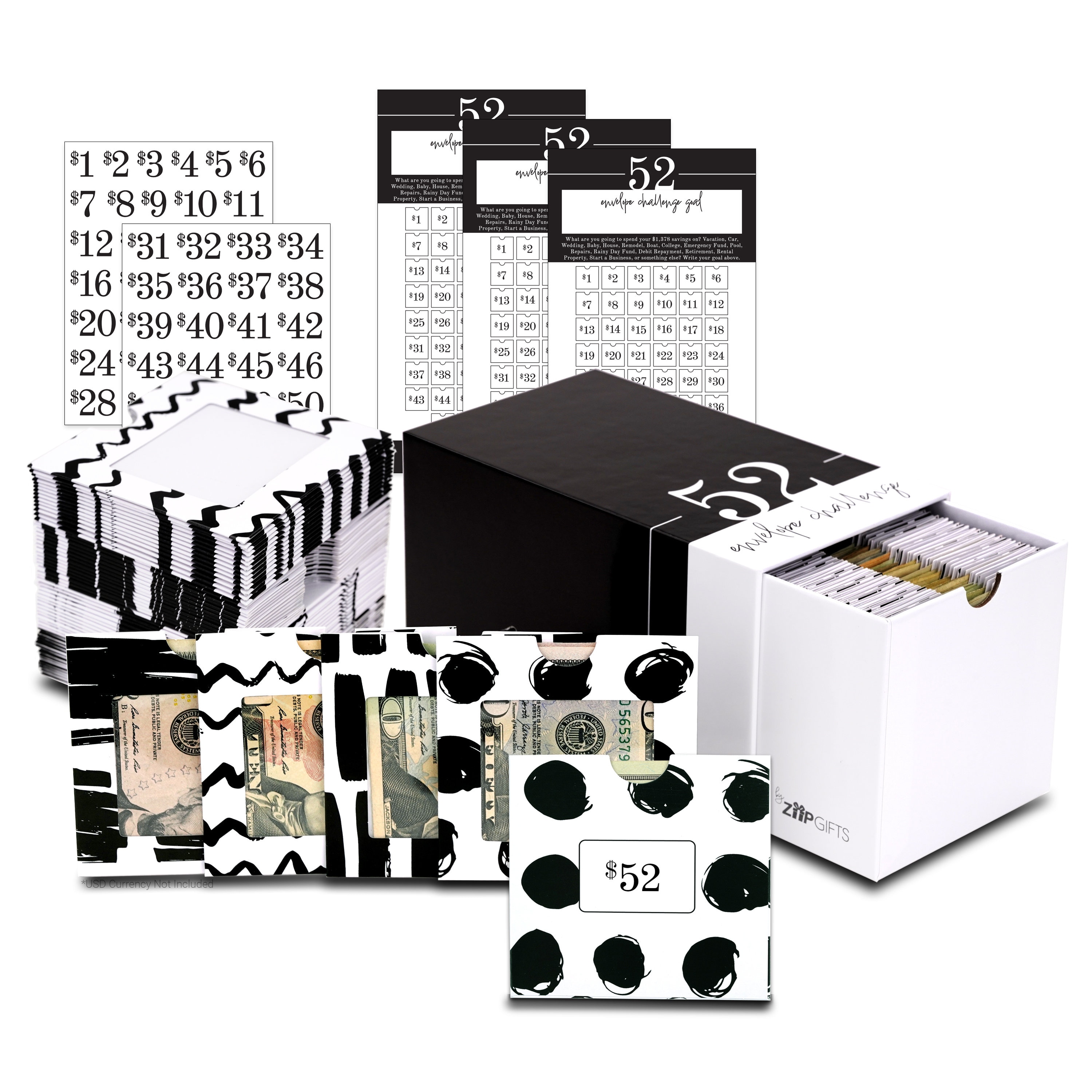 ZipGifts 52 Envelope Money Saving Challenge Kit | 56 Cash Envelopes w/Plastic Window, Clear Stickers, 3 Goal/Mark-off Sheets, & Drawer Box