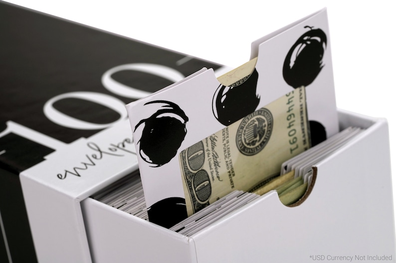 Puede incluir: Una caja blanca con lunares negros y el texto "100 sobres" impreso en la parte delantera. Se puede ver una pila de sobres dentro de la caja, con un billete de d&oacute;lar sobresaliendo del sobre superior.
