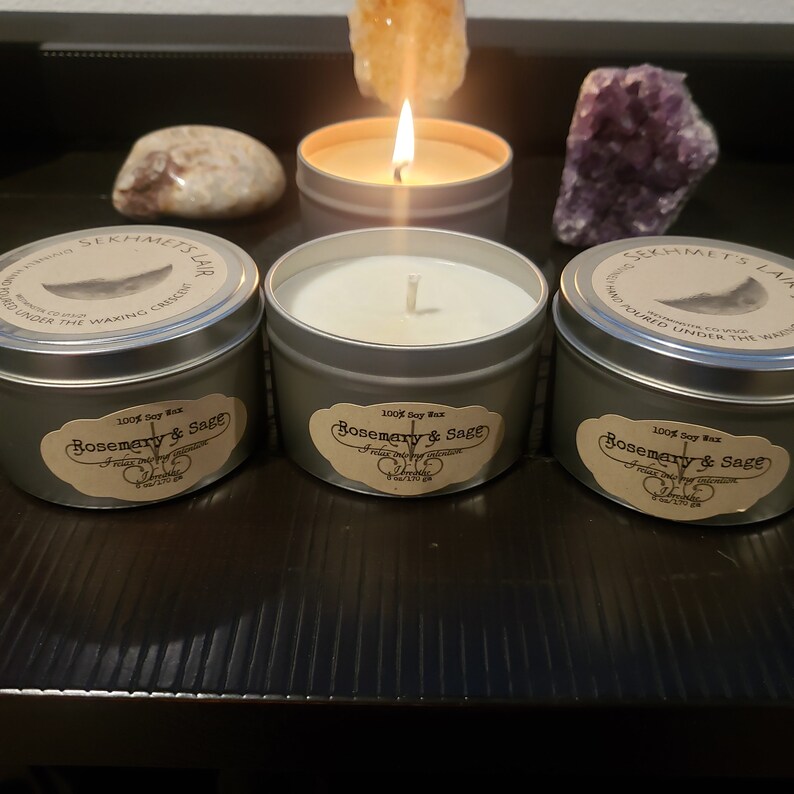 Intention Infused Divinely Hand Poured 100/% Soy Wax Candle Rosemary /& Sage scented candle Waxing Crescent Moon Infused