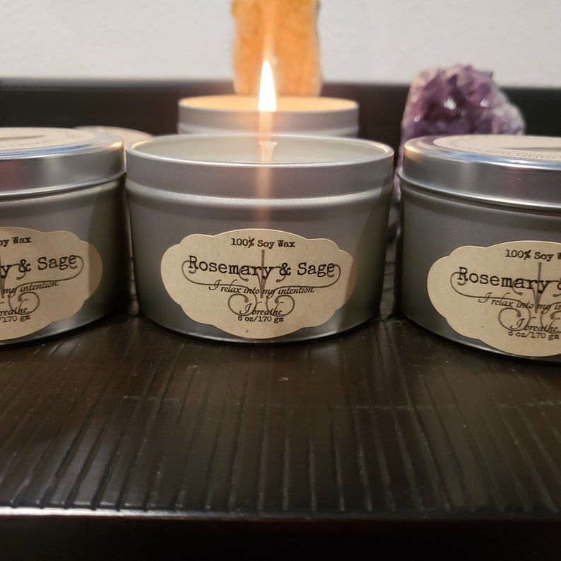 Intention Infused Divinely Hand Poured 100/% Soy Wax Candle Rosemary /& Sage scented candle Waxing Crescent Moon Infused